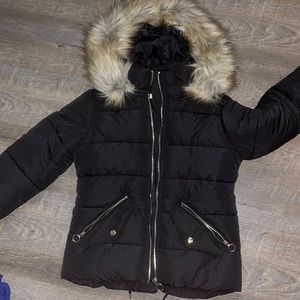 Black jacket with fur hood